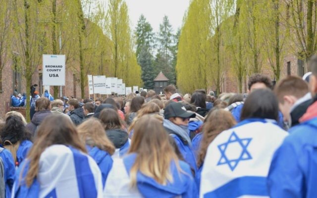 Youths take part in the March of the Living at the Auschwitz death camp in Poland on April 24, 2017. (Yossi Zeliger/March of the Living)