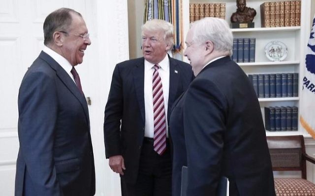A handout photo made available by the Russian Foreign Ministry on May 10, 2017 shows US President Donald J. Trump (C) speaking with Russian Foreign Minister Sergei Lavrov (L) and Russian Ambassador to the U.S. Sergei Kislyak during a meeting at the White House in Washington, DC. (HO / RUSSIAN FOREIGN MINISTRY / AFP)