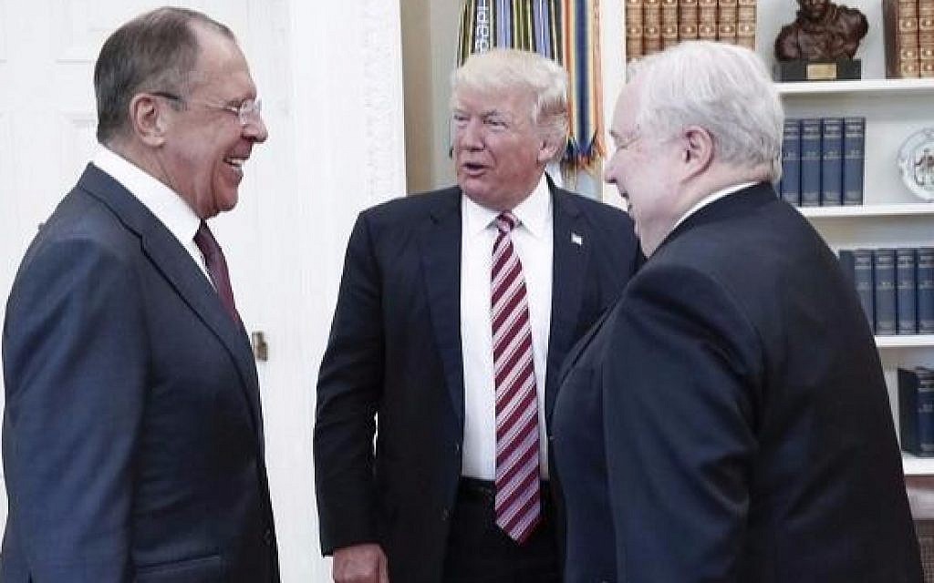 A handout photo made available by the Russian Foreign Ministry on May 10, 2017 shows US President Donald J. Trump (C) speaking with Russian Foreign Minister Sergei Lavrov (L) and Russian Ambassador to the US Sergei Kislyak during a meeting at the White House in Washington, DC. (HO / RUSSIAN FOREIGN MINISTRY / AFP)
