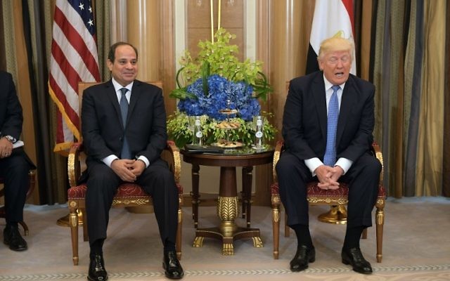 US President Donald Trump, right, and Egyptian President Abdel Fattah al-Sisi take part in a bilateral meeting at a hotel in Riyadh on May 21, 2017. (AFP/MANDEL NGAN)