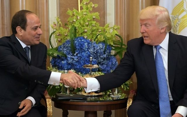 US President Donald Trump (R) and Egyptian President Abdel-Fattah el-Sissi take part in a bilateral meeting at a hotel in Riyadh on May 21, 2017. (AFP PHOTO / MANDEL NGAN)