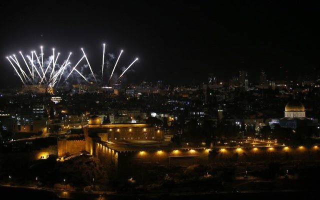 View from the Mount of Olives shows a Jerusalem's Old City during a light-show marking the 50th anniversary of reunification of the city, May 21, 2017. (AFP/AHMAD GHARABLI)