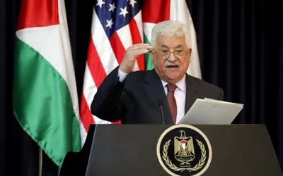 President of the Palestinian Authority Mahmoud Abbas gestures during a press conference at the presidential palace in the West Bank city of Bethlehem, May 23, 2017. (AFP/THOMAS COEX)