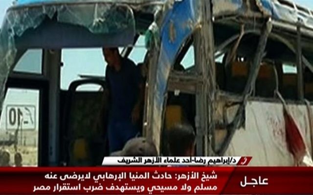 Illustrative: A screen capture taken from Egypt's state-run Nile News TV shows the remains of the bus that was attacked while carrying Coptic Christians in Minya province on May 26, 2017. (AFP/Nile News)