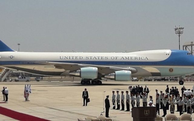 Air Force One, with US President Donald Trump on board, lands at Ben Gurion Airport on Monday, May 22, 2017 (GPO)