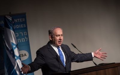 Prime Minister Benjamin Netanyahu speaks at an event marking the 40th anniversary of Menachem Begin's Likud party revolution in 1977, at the Begin Heritage Center in Jerusalem, May 4, 2017. (Hadas Parush/Flash90)