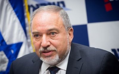 Yisrael Beytenu leader and Defense Minister Avigdor Liberman leads a faction meeting in the Knesset, May 8, 2017. (Miriam Alster/FLASH90) 
