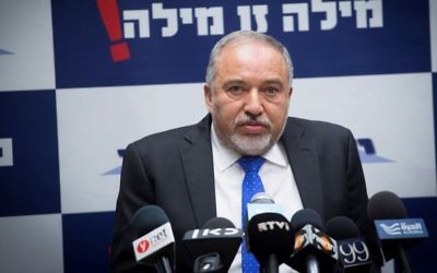 Defense Ministor Avigdor Liberman leads a faction meeting of his Yisrael Beytenu party at the Knesset on May 15 2017. (Miriam Alster/Flash90)