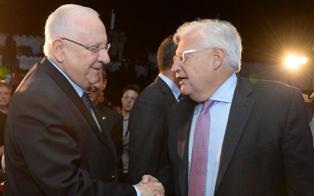 President Reuven RIvlin and US Ambassador David Friedman attend a ceremony at the start of a week long celebration of the 50th anniversary of Jerusalem's reunification, May 21, 2017. (Mark Neyman/GPO)