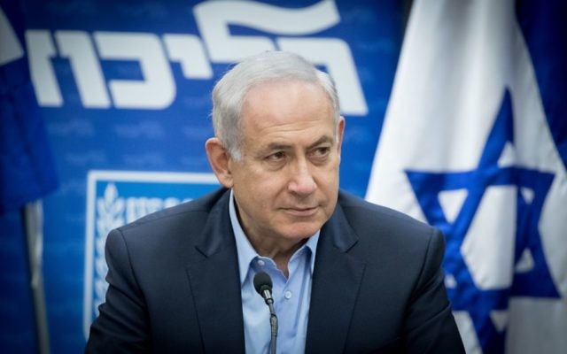 Prime Minister Benjamin Netanyahu leads a Likud faction meeting at the Knesset, in Jerusalem, May 29, 2017. (Yonatan Sindel/Flash90)