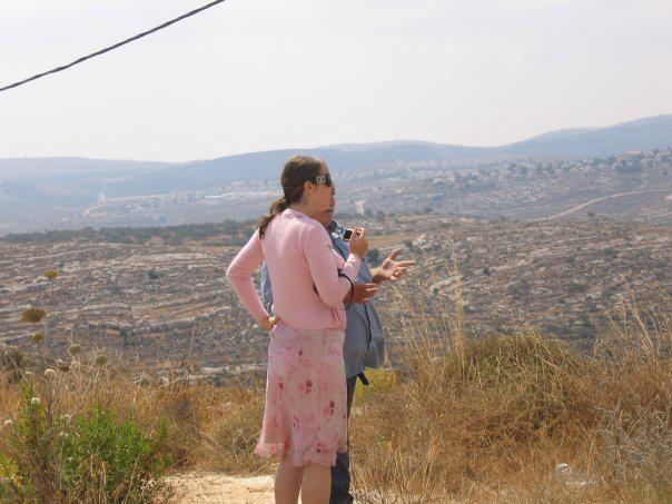 Dr. Sara Yael Hirschhorn speaks with a settler in Shilo during a research trip, circa 2008. (courtesy)
