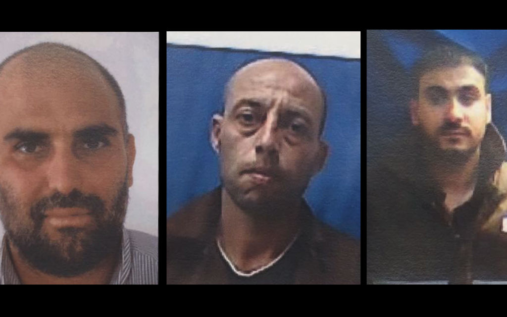 From left, Fares al-Umari, Muhammad Masri and Mahmoud Luisi, who are charged with planning to carry out shooting attacks against IDF soldiers in the Negev desert on behalf of the Islamic Movement. (Shin Bet)