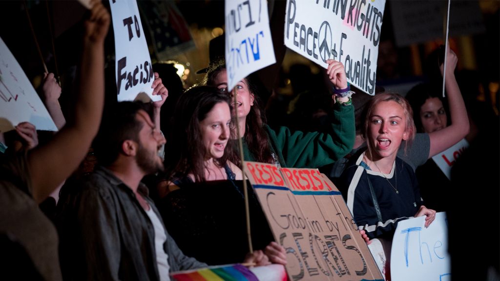 Activists protest against US President Donald Trump near the US Consulate in Jerusalem, May 22, 2017. (Yonatan Sindel/Flash90)
