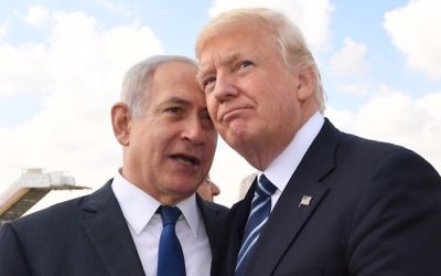 Prime Minister Benjamin Netanyahu, left, and US President Donald Trump, right, speak at Ben Gurion International Airport prior to the latter's departure from Israel on May 23, 2017. (Koby Gideon/GPO)