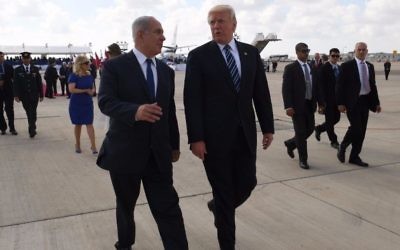 Prime Minister Benjamin Netanyahu (L) and US President Donald Trump seen at Ben Gurion International Airport prior to the latter's departure from Israel on May 23, 2017. (Koby Gideon/GPO)