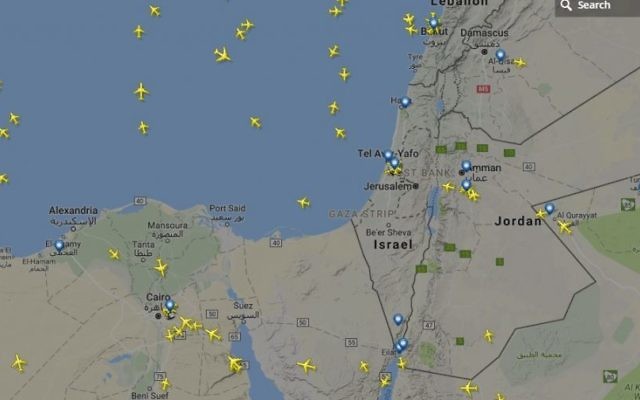 A screen capture showing commercial air traffic over Israel cleared just after noon on May 22, 2017. (Screen capture: Flightradar24)