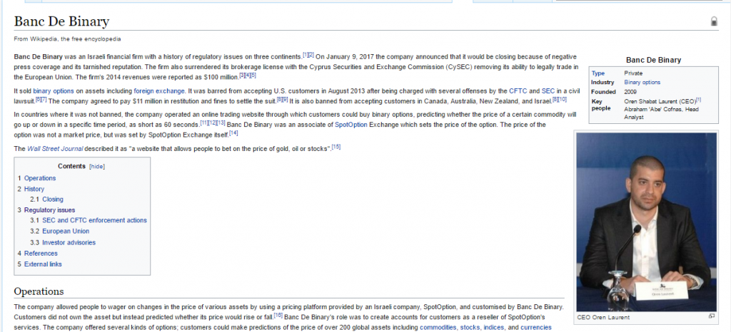 A screenshot of the Banc De Binary Wikipedia page as it appeared on May 23, 2017