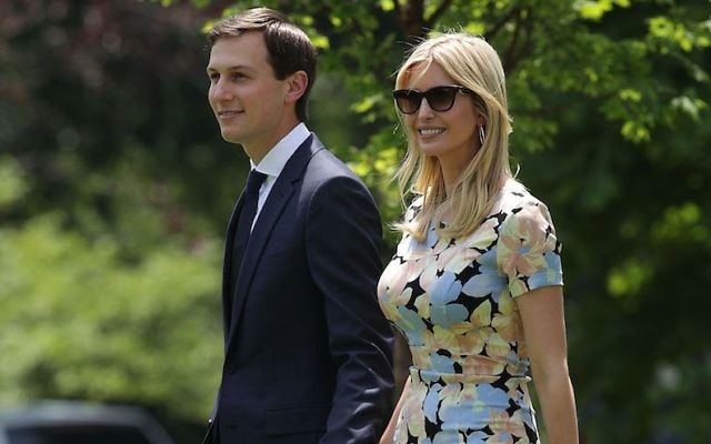 Jared Kushner and Ivanka Trump on the South Lawn prior to their departure from the White House, May 19, 2017. (Alex Wong/Getty Images, via JTA)