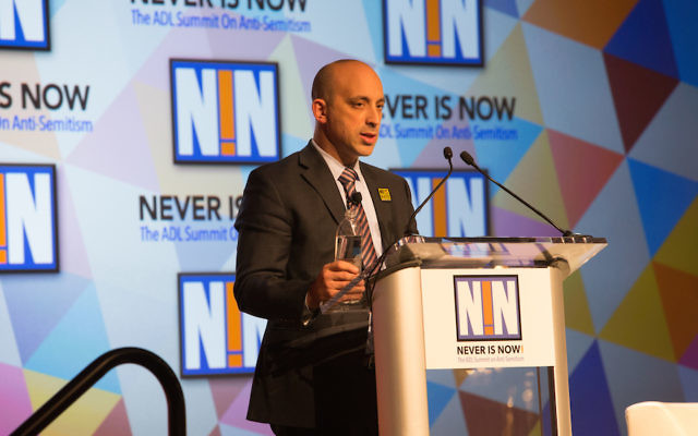 Anti-Defamation League CEO Jonathan Greenblatt speaking at the organization’s Never is Now conference in New York City, November 17, 2016. (Courtesy of the ADL)