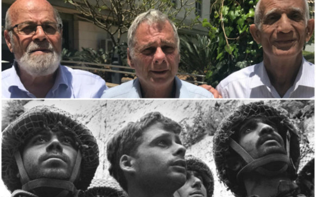 In top photo, from left: Tzion Karasenti, Yitzhak Yifat and Chaim Oshri standing on the Tel Aviv University campus in Ramat Aviv, Israel, May 7, 2017. They were featured in the iconic photo by David Rubinger after the Six-Day War in 1967. (Andrew Tobin/David Rubinger/GPO)