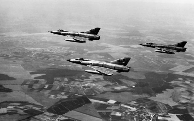 This file photo taken on June 5, 1967 shows Israeli airforce Dassault Mirage III fighters flying over the Sinai Peninsula at the Israeli-Egyptian border on the first day of the Six Day War. (AFP) 
