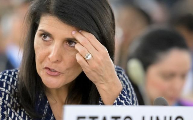 US Ambassador to the United Nations Nikki Haley gestures prior to address a session of United Nations Human Rights Council on June 6, 2017 in Geneva. (AFP PHOTO / Fabrice COFFRINI)