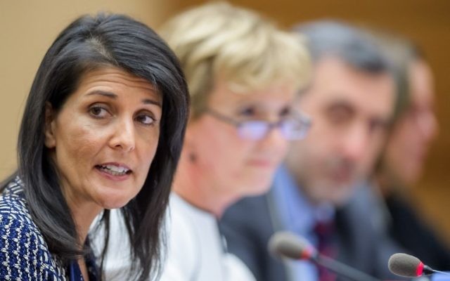 US Ambassador to the United Nations Nikki Haley (L) attends a session entitled 'Human Rights and Democracy in Venezuela' on the sidelines of the United Nations Human Rights Council on June 6, 2017 in Geneva. (AFP/Fabrice Coffrini)