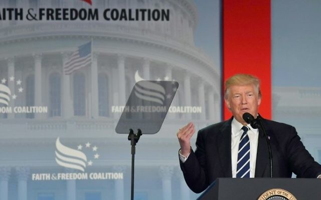Us President Donald Trump addresses supporters at a Faith and Freedom Coalition event in Washington DC on June 08, 2017. (AFP/Nicholas Kamm)