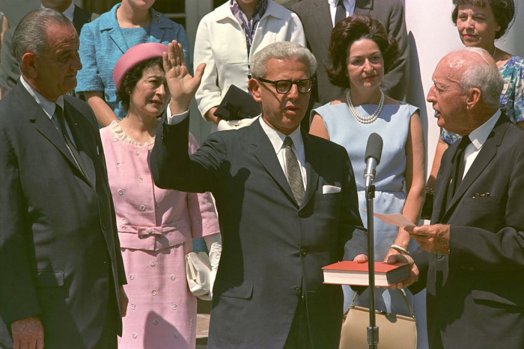 Arthur Goldberg being sworn in as US Ambassador to the United Nations in 1965. (Public domain)