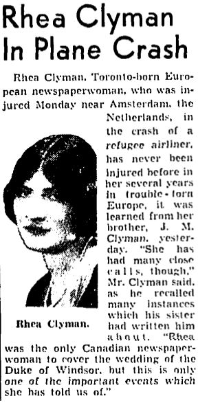 A report of Rhea Clyman's plane crash in Amsterdam, 1938. (Public domain)