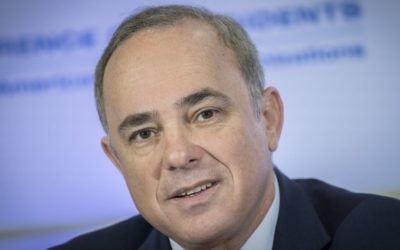 Energy Minister Yuval Steinitz attends the Conference of Presidents of Major American Jewish Organizations, in Jerusalem, on February 20, 2017. (Yonatan Sindel/Flash90)