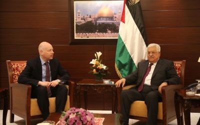 US President Donald Trump’s envoy to the Middle East Jason Greenblatt meets with Palestinian leader Mahmoud Abbas in the West Bank city of Ramallah, May 25, 2017. (FLASH90)