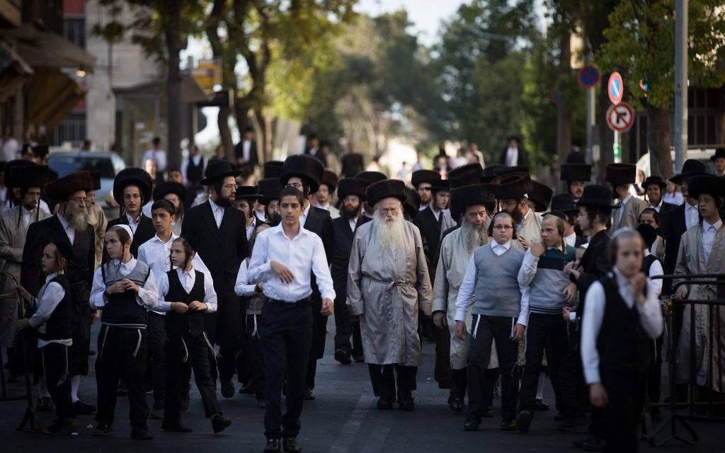 Illustrative image of ultra-Orthodox Jews protesting outside the Meah Shearim neighborhood on June 3, 2017. (Yonatan Sindel/Flash90)