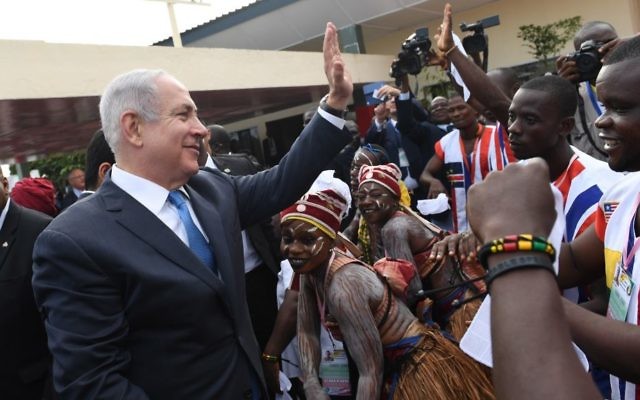 Prime Minister Benjamin Netanyahu, at a welcoming ceremony in his honor, as he arrives in Monrovia, Liberia for an official state visit, on June 4, 2017. (Kobi Gideon/GPO)