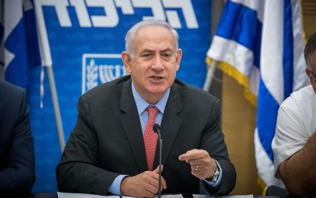 Prime Minister Benjamin Netanyahu leads a Likud party meeting at the Knesset in Jerusalem on June 12, 2017. (Yonatan Sindel/Flash90)