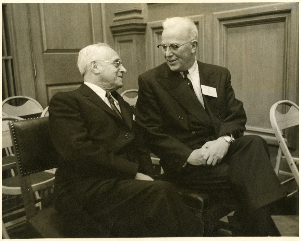 Felix Frankfurter with fellow Supreme Court justice Earl Warren, conversing at the conference on 'Government Under Law' held at the Harvard Law School on the occasion of the bicentennial of John Marshall's birth in September, 1955. (Historical &amp; Special Collections, Harvard Law School Library)