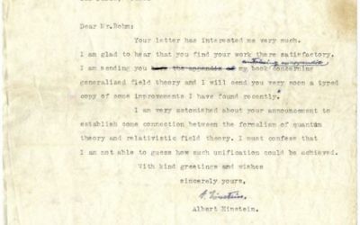 This photo provided by Winner's Auction House shows a letter of Albert Einstein to Professor David Bohm from 1954, part of the collection of unpublished letters written by Einstein that provide a new glimpse into the Nobel winning physicist's views. (Winner's Auction House via AP)