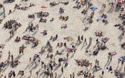 Tel Aviv's beaches -- as seen in 'Tel Aviv Beach' by Itamar Grinburg -- will open early for the season, just in time for Passover. (Courtesy of Karen Lehrman Block)