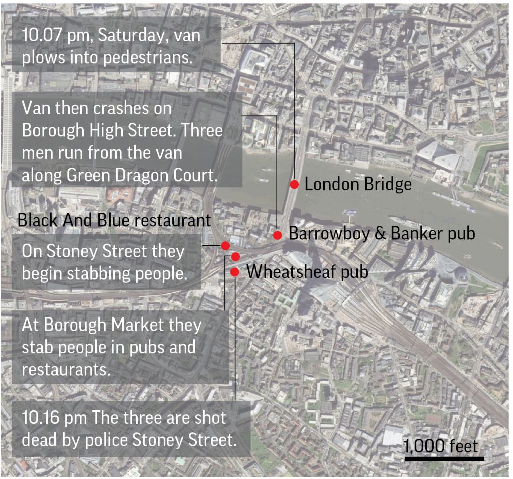 A map of the attack in London, June 3, 2017. (AP)