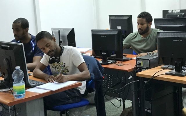 Tech-Career students hard at work (Shoshanna Solomon/TimesofIsrael)
