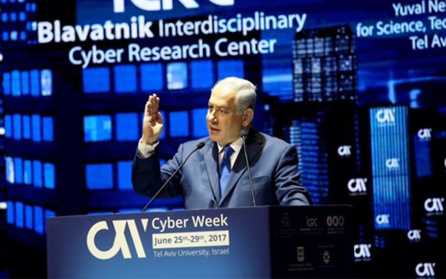 Prime Minister Benjamin Netanyahu speaks at Cyber Week in Tel Aviv, June 26, 2017. (Courtesy/Chen Galili)