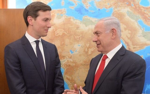 US President Donald Trump’s son-in-law and chief Middle East adviser, Jared Kushner left, meets with Prime Minister Benjamin Netanyahu at his office in Jerusalem on June 21, 2017. (Amos Ben Gershom) 