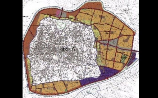 A map of the Palestinian city of Qalqilya. The colored area represents reported plans for expansion (Courtesy of Samaria Regional Council)