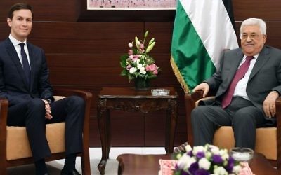US presidential adviser Jared Kushner meets with Palestinian Authority President Mahmoud Abbas in Ramallah on June 21, 2017 (PA press office)