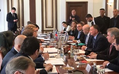 Knesset Speaker Yuli Edelstein holds a working meeting with his Russian counterparts in Moscow on June 27, 2017. (Knesset spokesperson's office/Israeli embassy in Moscow)