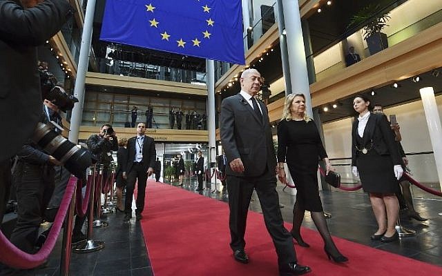 Prime Minister Benjamin Netanyahu and his wife Sara arrive at the European Parliament in Strasbourg, eastern France, on July 1, 2017 before a ceremony in tribute to former German chancellor Helmut Kohl. (AFP/Sebastien Bozon)