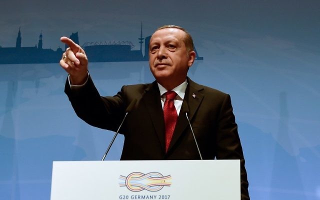 Turkey's President Recep Tayyip Erdogan addresses a press conference on the second day of the G20 Summit in Hamburg, Germany, July 8, 2017. (AFP/Tobias Schwarz)