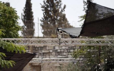 Security measures, including cameras, which were installed outside the Lion's Gate of the Old City, a main access point to the Temple Mount compound in Jerusalem, July 24, 2017. They have since been removed. (AFP/Ahmad Gharabli)