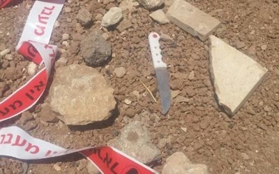 A knife used by a Palestinian to stab soldiers after he tried to ram them with his car on a road near the West Bank settlement of Tekoa on July 10, 2017. (IDF Spokesperson's Unit)