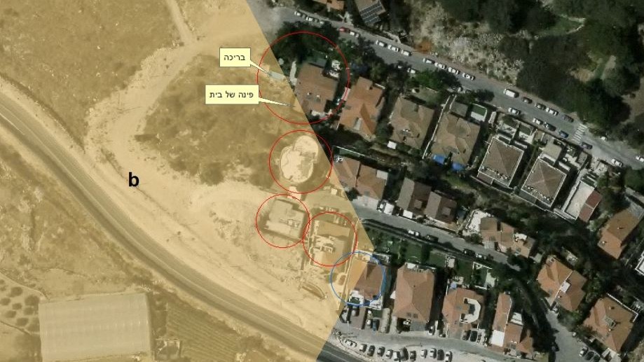 An aerial photo of the homes in the Shaarei Tikva settlement reportedly built on Area B. The above yellow tab points to a pool, while the one below points to the corner of a house. (Courtesy: Dror Etkes)